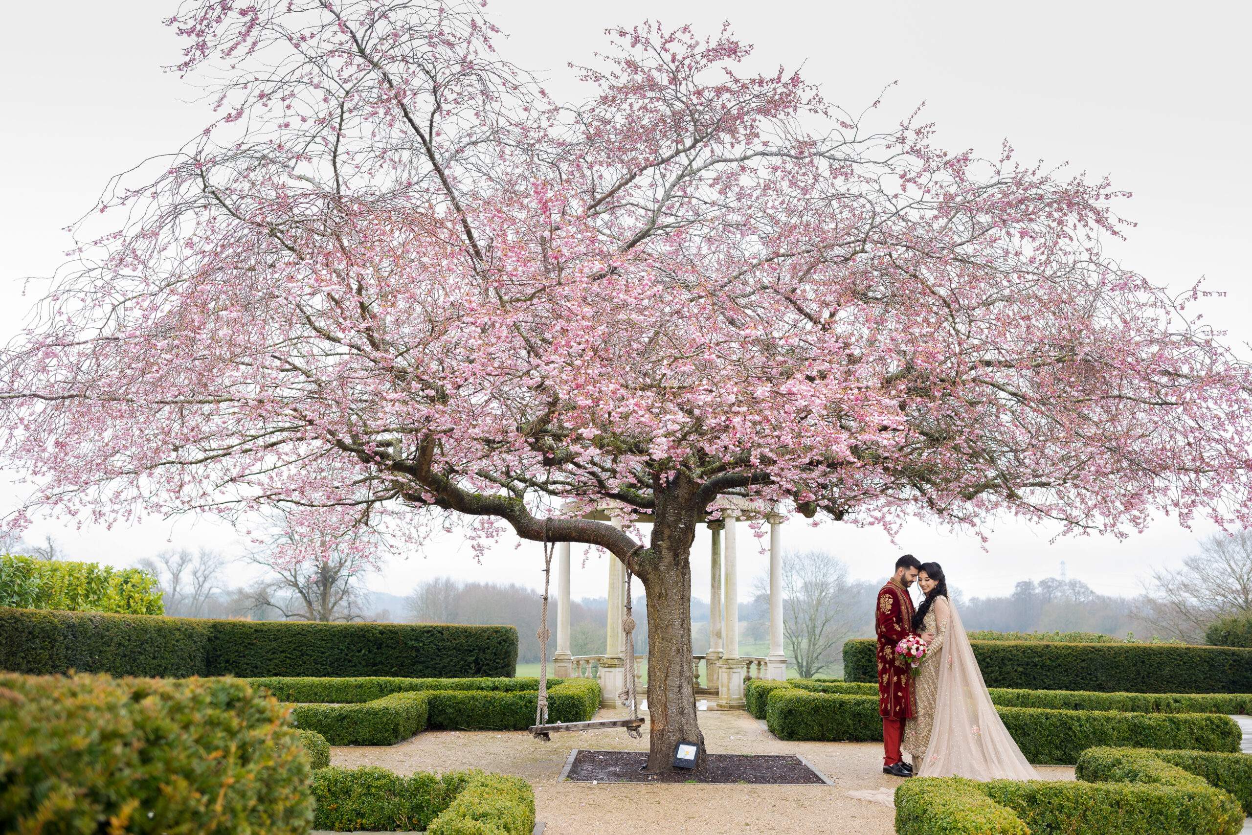 Spring Hindu Bride & Groom posing beside our blossom tree at the Dome.