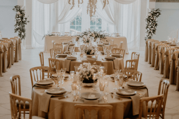 The Grand ballroom at Froyle Park, dressed beautifully with cream draping and gold accents in the tablewear