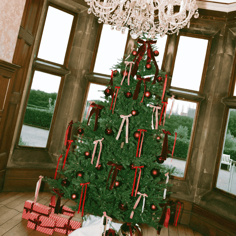 An elegant Christmas Tree in the Great Hall at Froyle Park